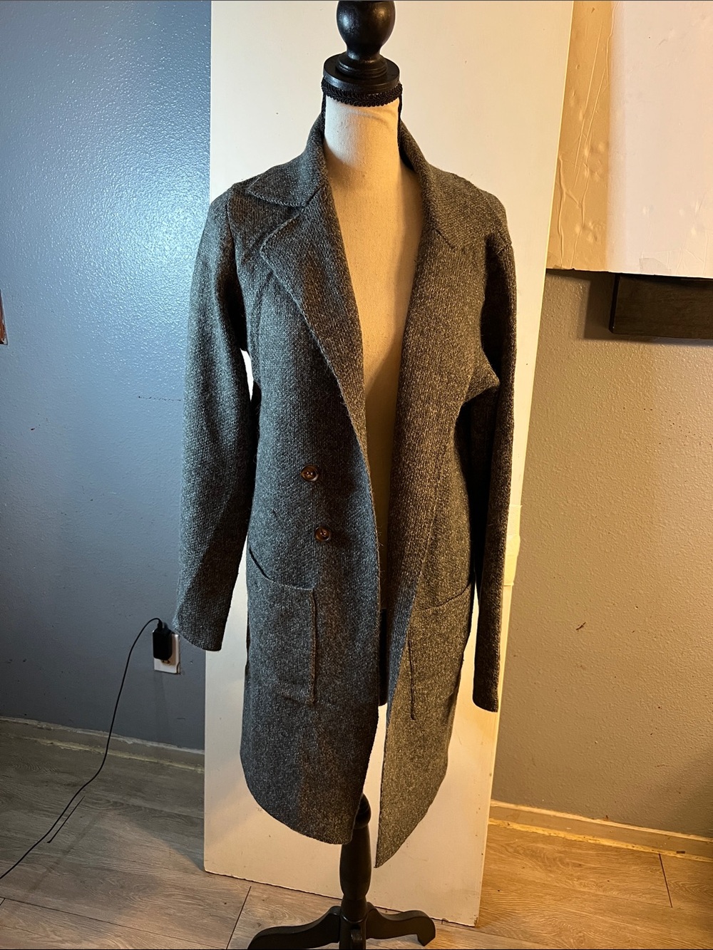 Women’s Gray Open-Front Long Trench Coat